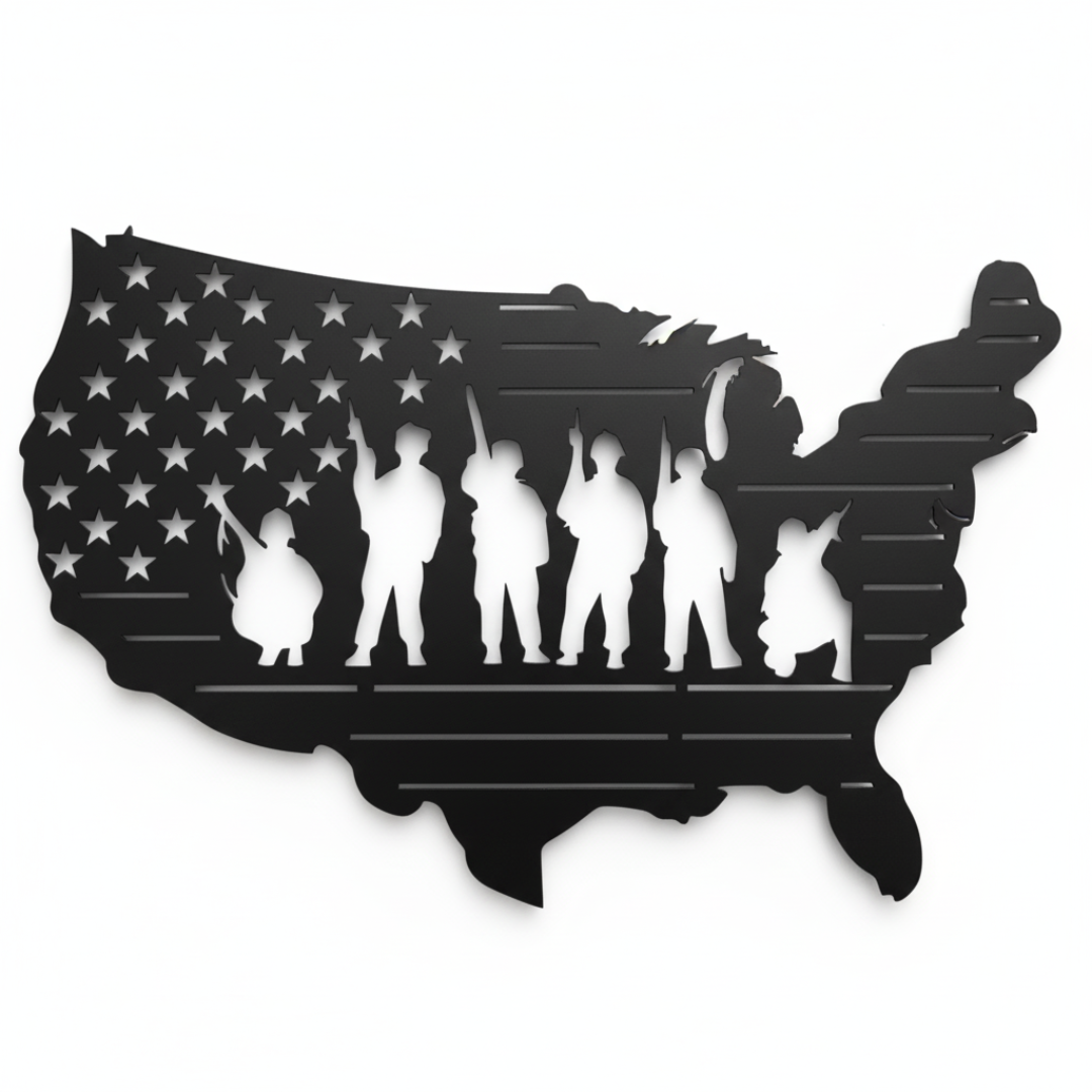 USA Military Soldier Laser-Cut Metal Wall Art – American Flag Map Design (20" × 12")