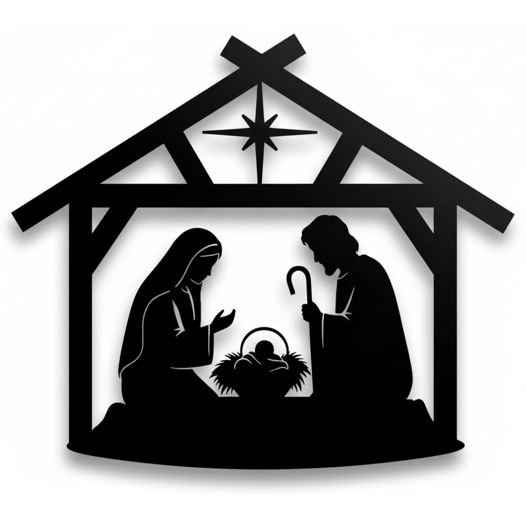 Nativity Scene “Away in a Manger” Laser-Cut Metal Sign – Christmas Nativity Wall Art (48" × 41")
