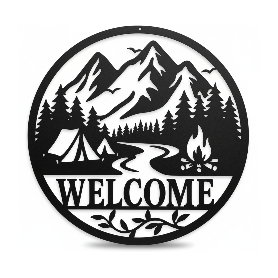 Mountain Camping “Welcome” Laser-Cut Metal Sign – Outdoor Cabin & Campfire Wall Décor (16" × 16")