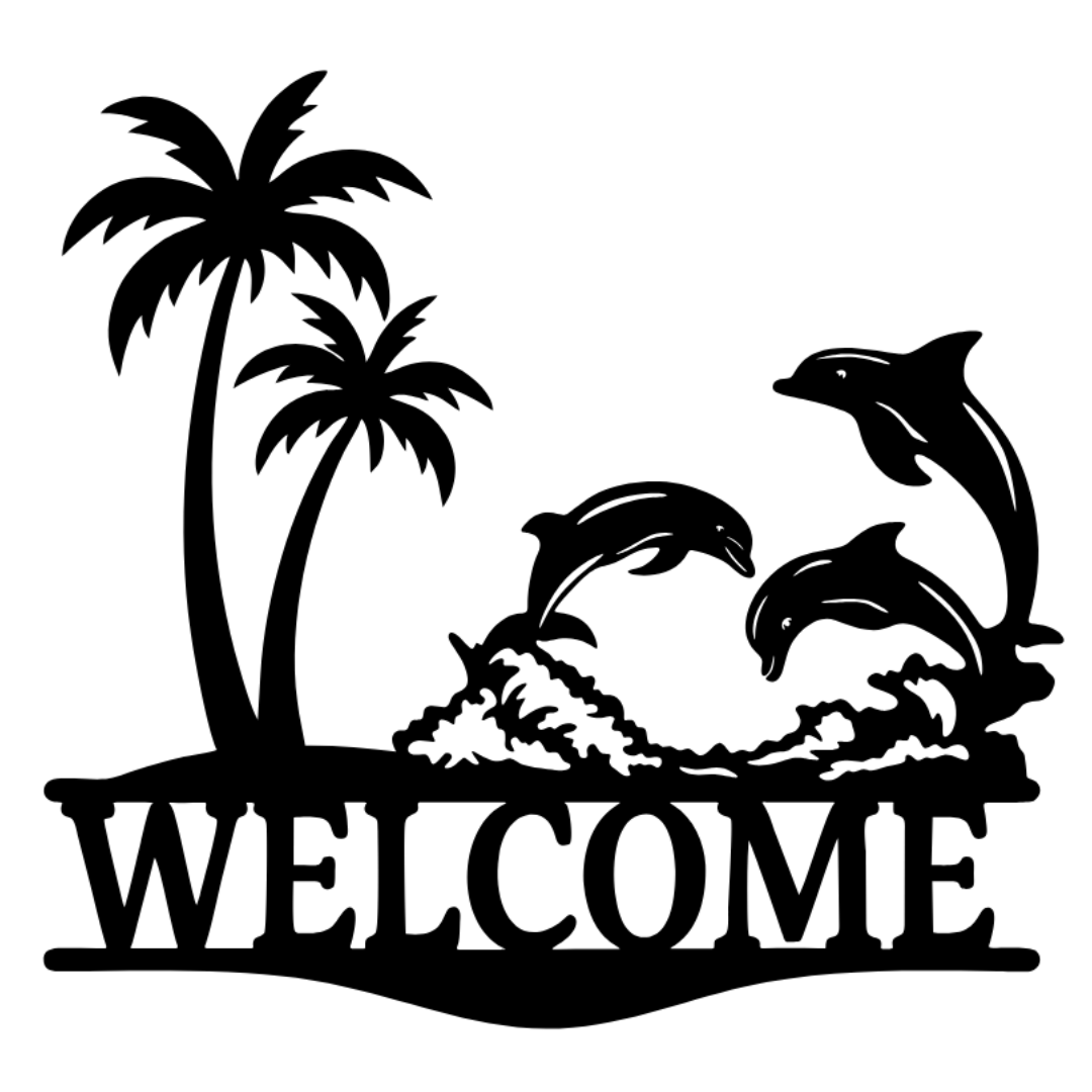 Dolphin “Welcome” Laser-Cut Metal Sign – Coastal Beach House Wall Décor (16" × 16")