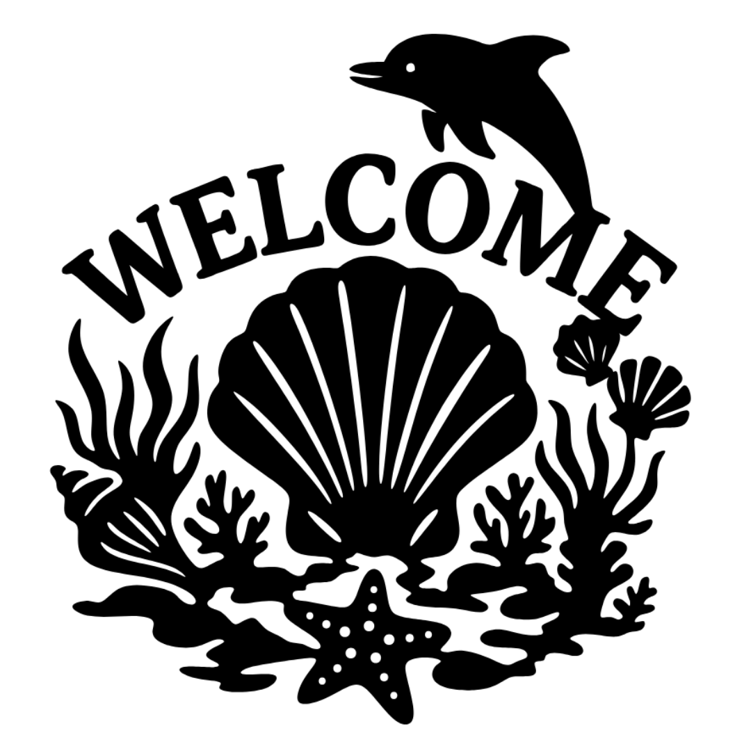 Seashell & Dolphin “Welcome” Laser-Cut Metal Sign – Coastal Beach House Wall Décor (16" × 16")