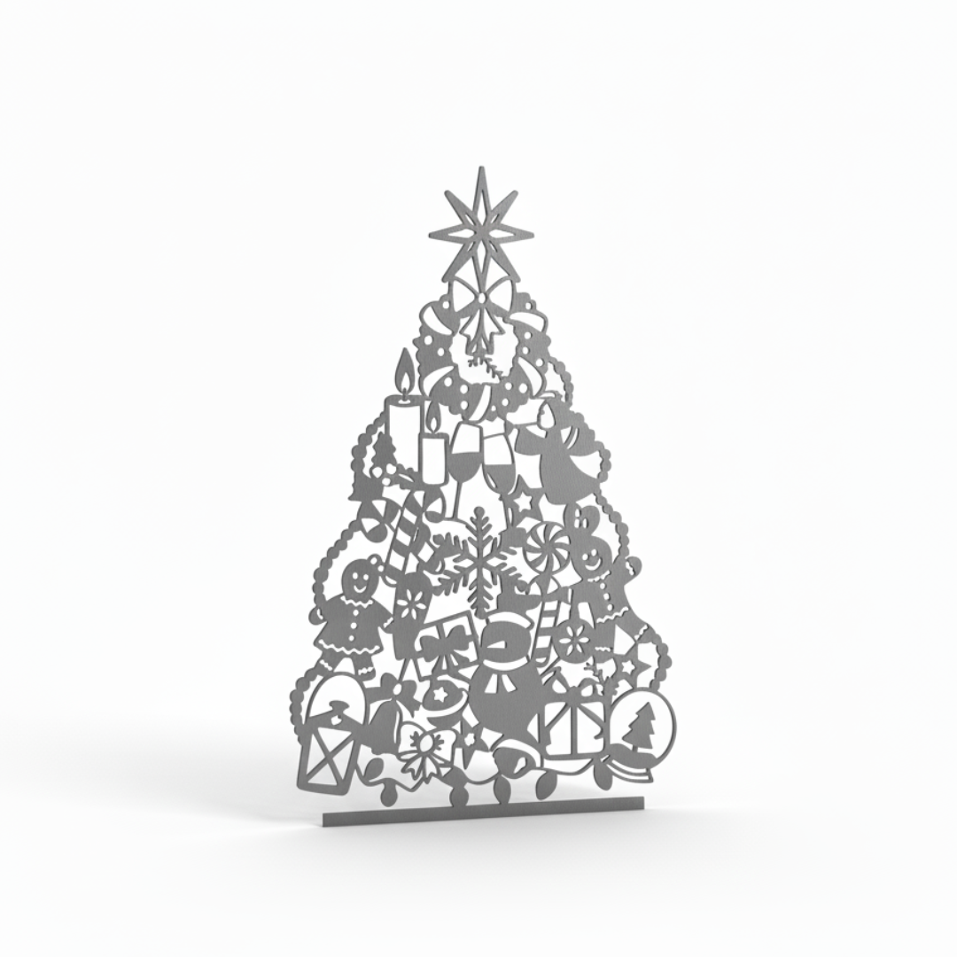 Laser-Cut Metal Christmas Tree – Festive Holiday Decor in Dark Grey Steel (20×12 cm)