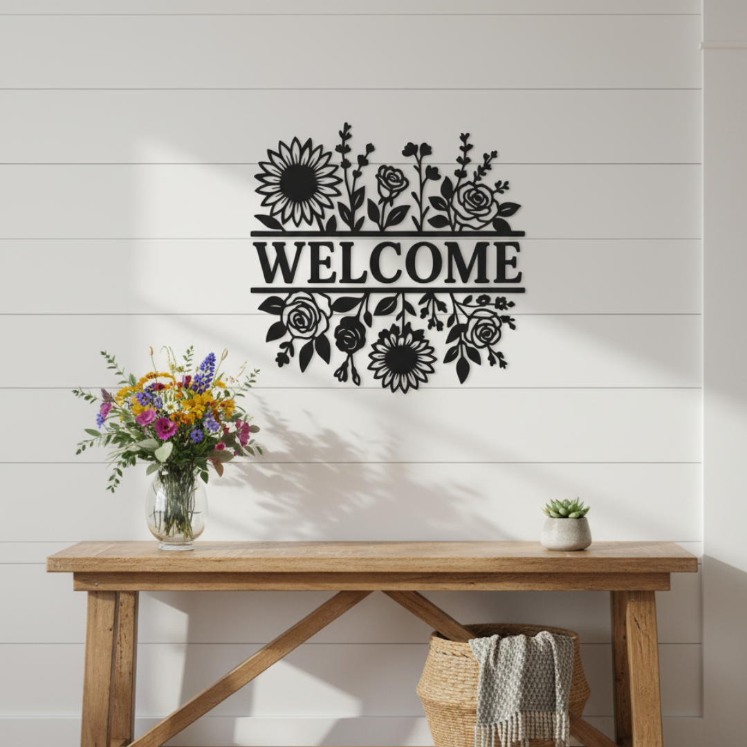 Floral “Welcome” Laser-Cut Metal Sign – Sunflower & Rose Garden Wall Décor (16" × 16")