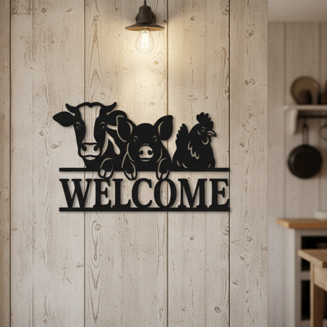 Farm Animals “Welcome” Laser-Cut Metal Sign – Country Barn & Farmhouse Wall Décor (16" × 16")