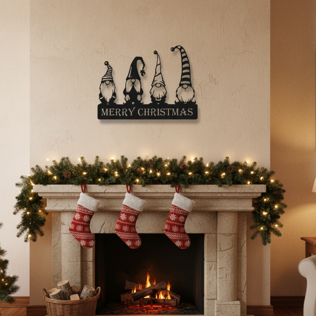 Christmas Gnomes “Merry Christmas” Laser-Cut Metal Sign – Holiday Wall Décor (20" × 10")