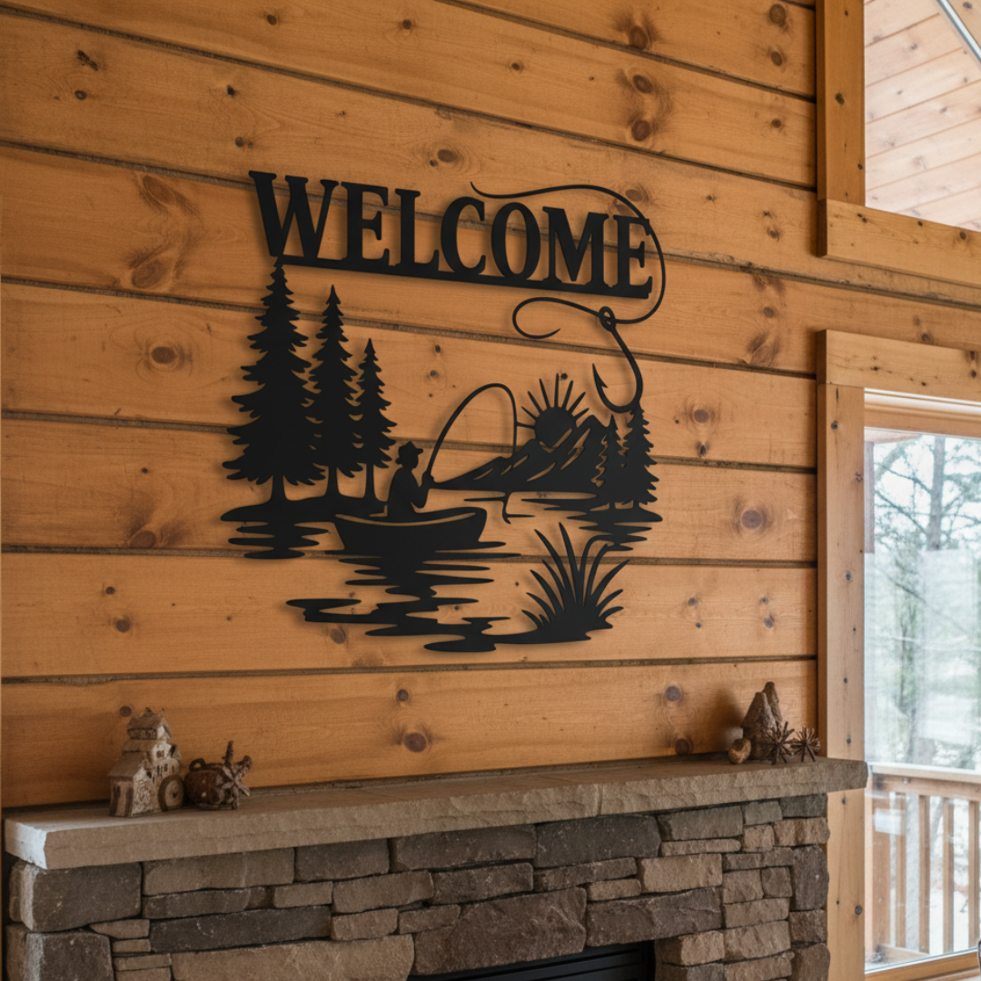 Fisherman “Welcome” Laser-Cut Metal Sign – Rustic Cabin & Lake House Wall Décor (16" × 16")