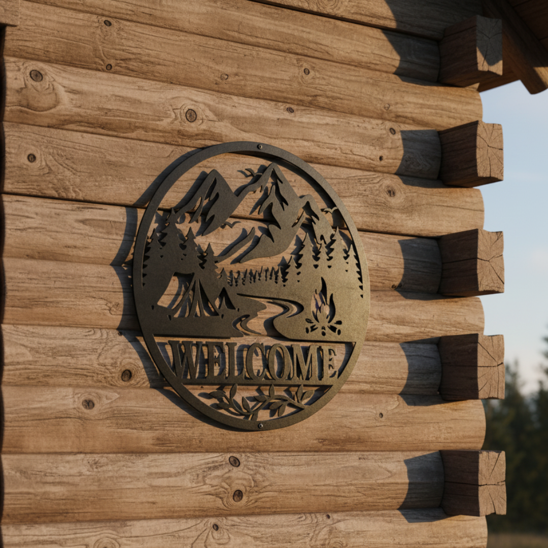 Mountain Camping “Welcome” Laser-Cut Metal Sign – Outdoor Cabin & Campfire Wall Décor (16" × 16")