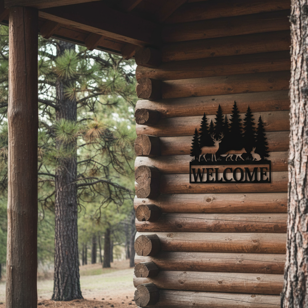 Forest Animals “Welcome” Laser-Cut Metal Sign – Cabin & Woodland Wall Décor (16" × 16")