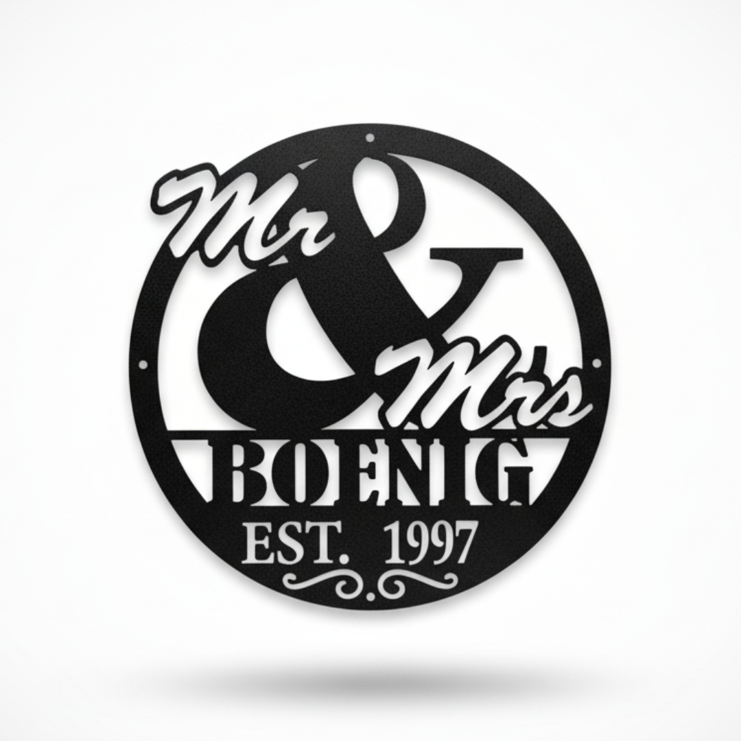 Laser-Cut Metal “Mr. & Mrs.” Monogram Sign – Personalized Family Name Wall Decor (16" × 16")