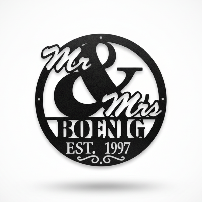 Laser-Cut Metal “Mr. & Mrs.” Monogram Sign – Personalized Family Name Wall Decor