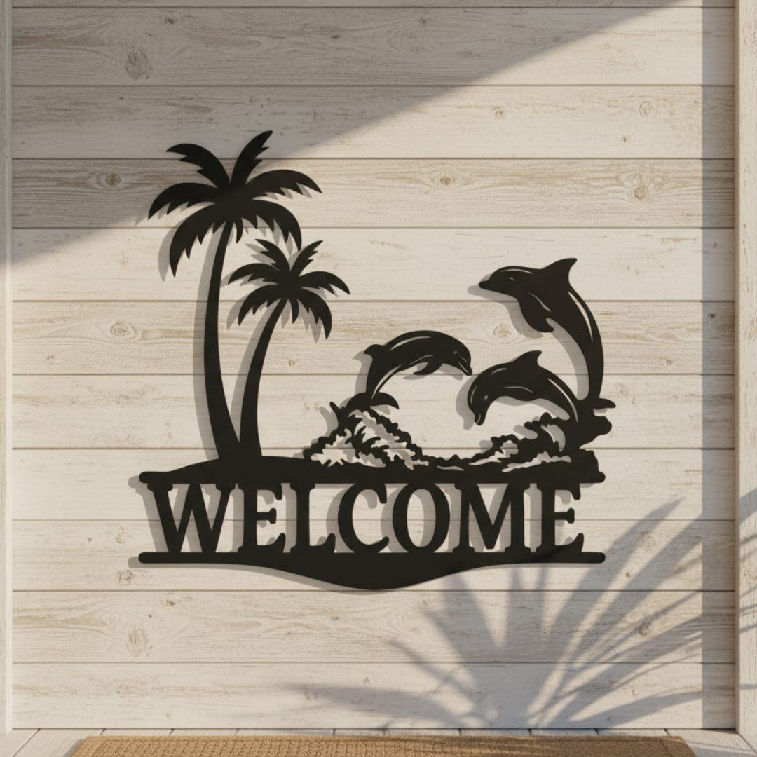 Dolphin “Welcome” Laser-Cut Metal Sign – Coastal Beach House Wall Décor (16" × 16")