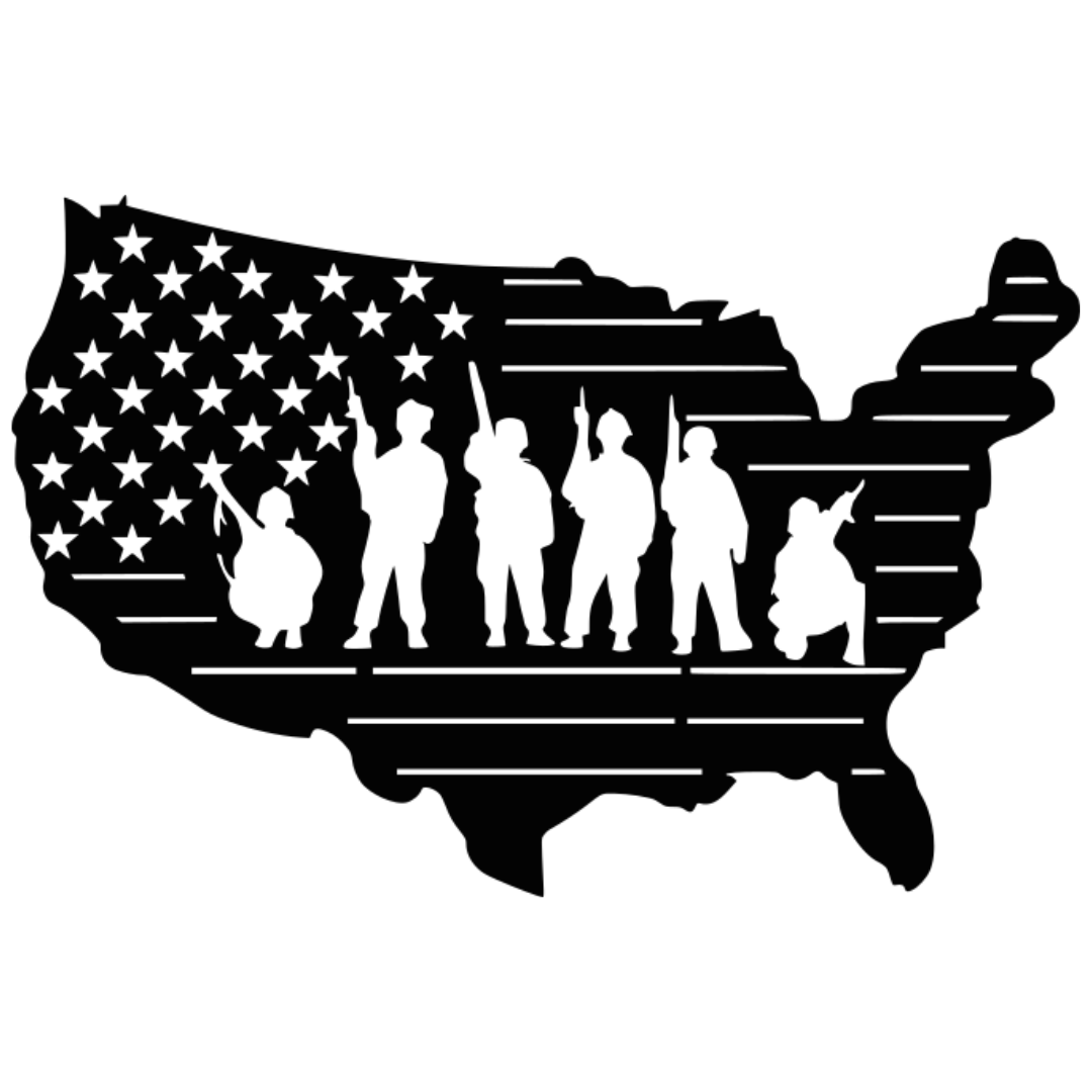 USA Military Soldier Laser-Cut Metal Wall Art – American Flag Map Design (20" × 12")