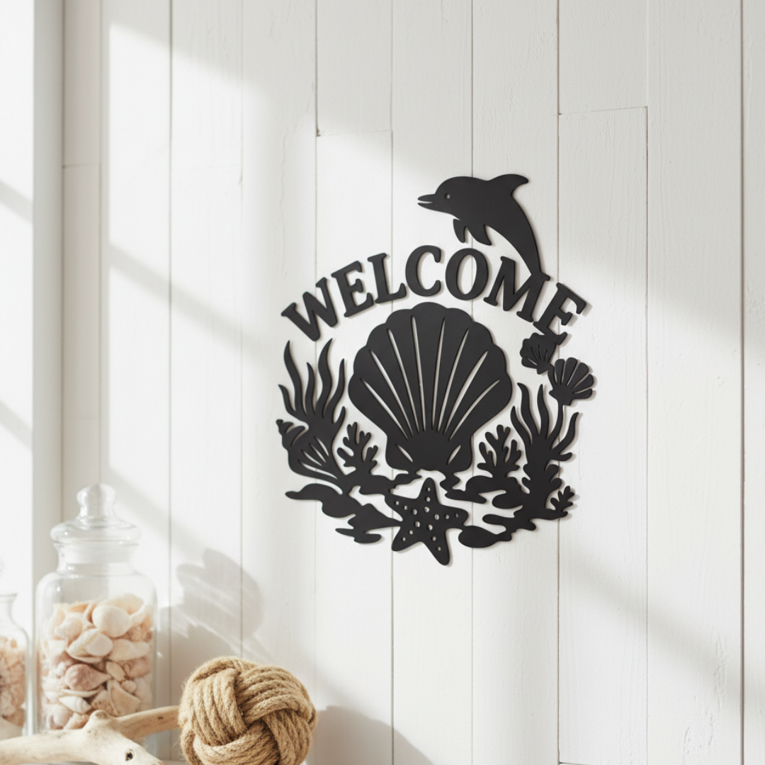Seashell & Dolphin “Welcome” Laser-Cut Metal Sign – Coastal Beach House Wall Décor (16" × 16")