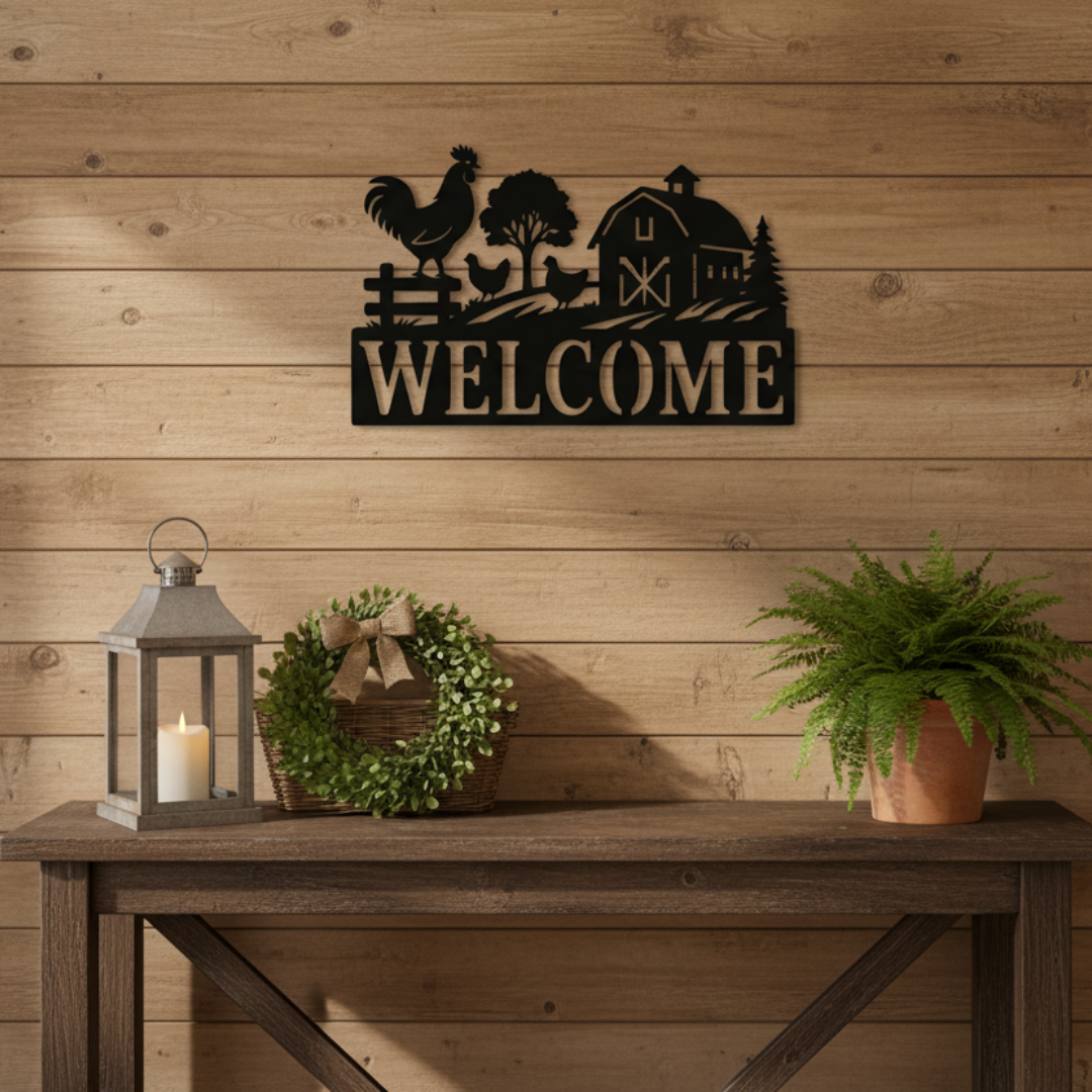 Rooster & Barn “Welcome” Laser-Cut Metal Sign – Rustic Farmhouse & Country Wall Décor (16" × 16")
