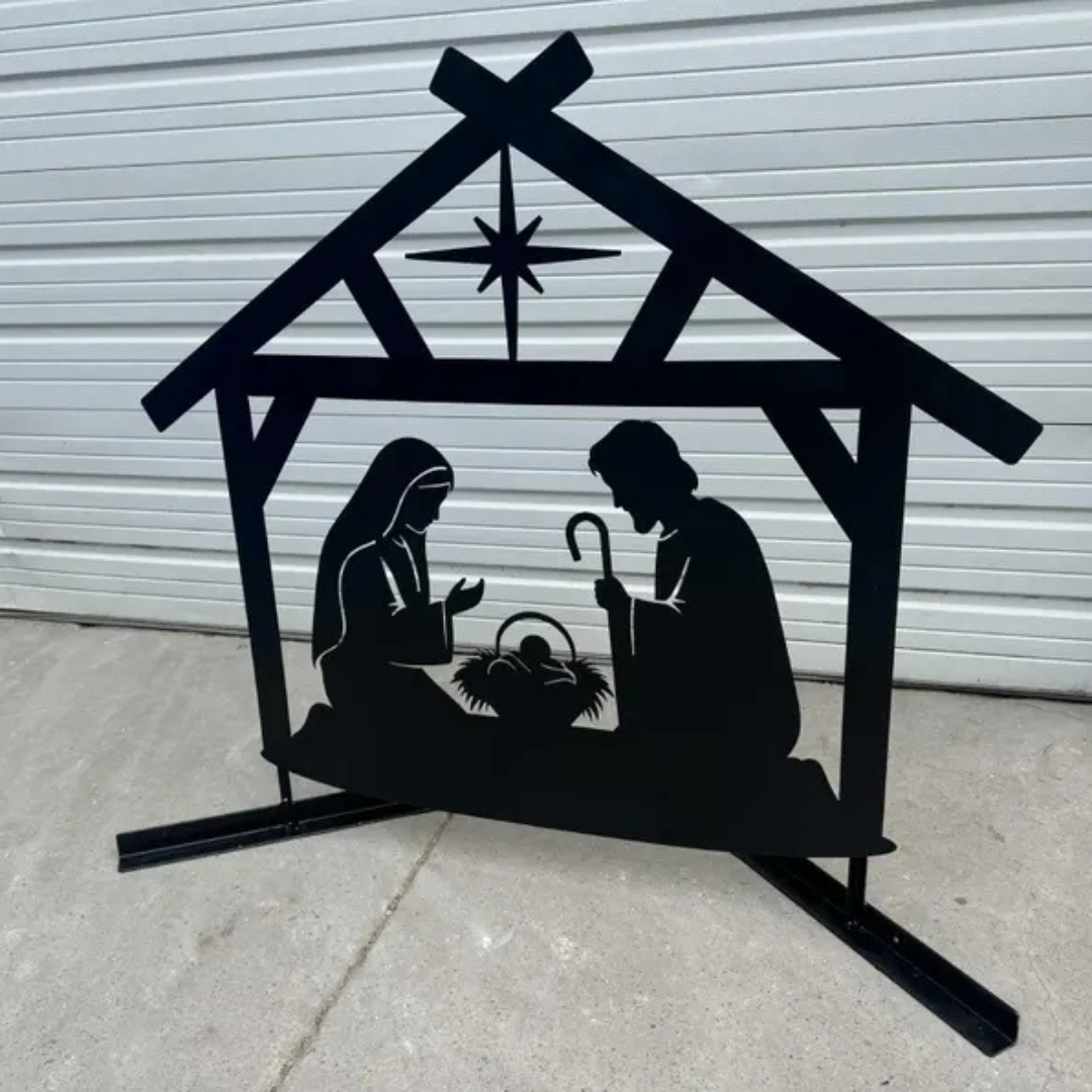 Nativity Scene “Away in a Manger” Laser-Cut Metal Sign – Christmas Nativity Wall Art (48" × 41")