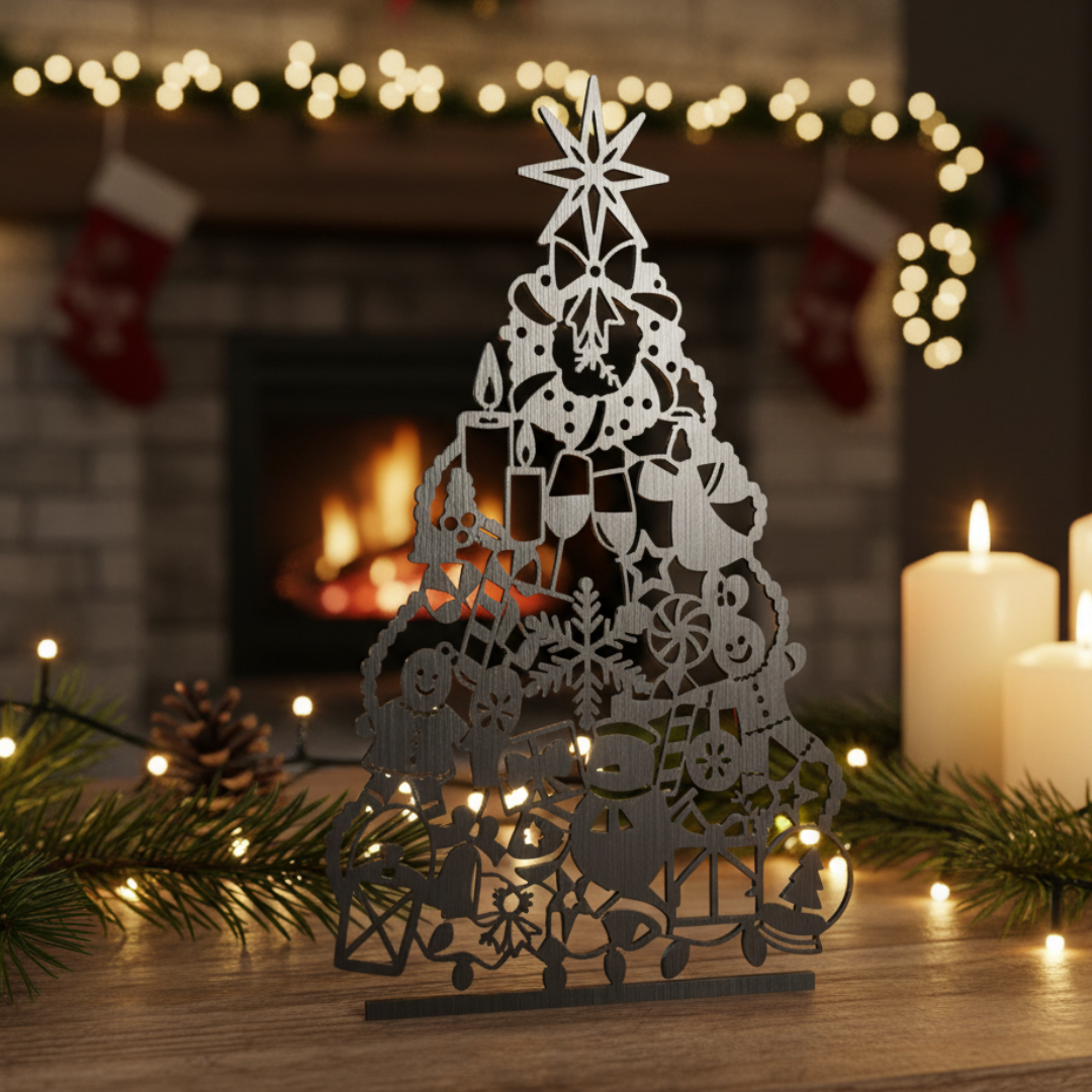 Laser-Cut Metal Christmas Tree – Festive Holiday Decor in Dark Grey Steel (20×12 cm)