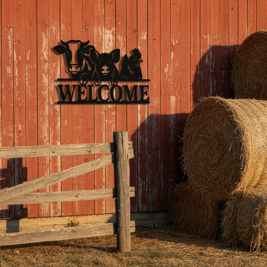 Farm Animals “Welcome” Laser-Cut Metal Sign – Country Barn & Farmhouse Wall Décor (16" × 16")
