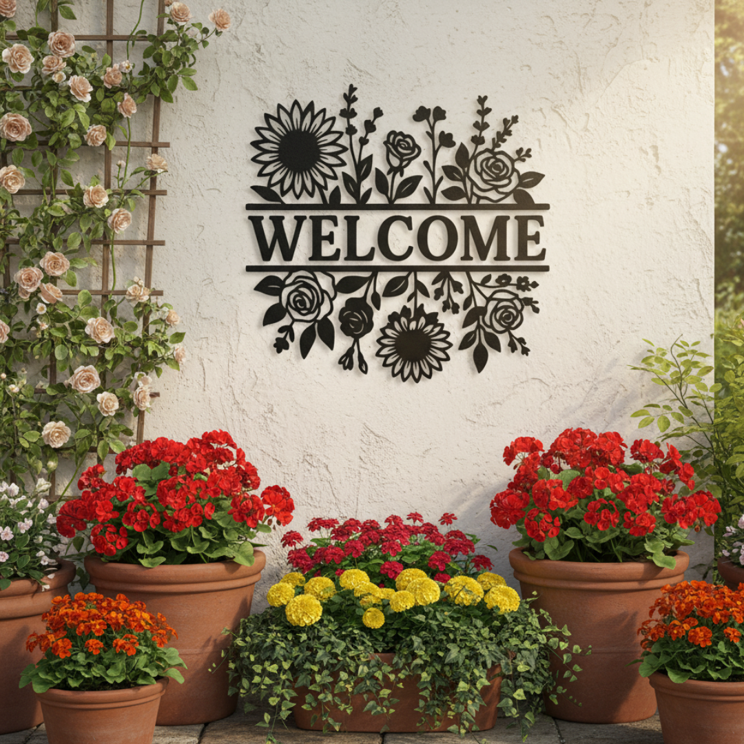 Floral “Welcome” Laser-Cut Metal Sign – Sunflower & Rose Garden Wall Décor (16" × 16")