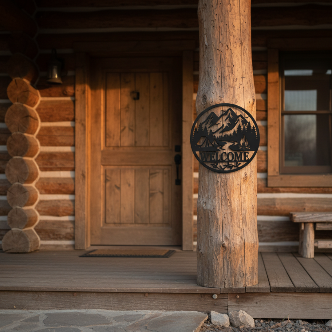 Mountain Camping “Welcome” Laser-Cut Metal Sign – Outdoor Cabin & Campfire Wall Décor (16" × 16")