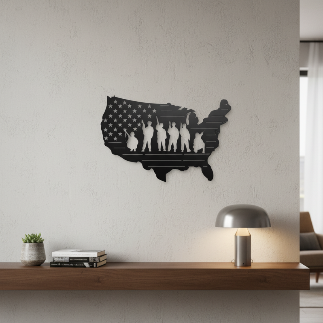 USA Military Soldier Laser-Cut Metal Wall Art – American Flag Map Design (20" × 12")