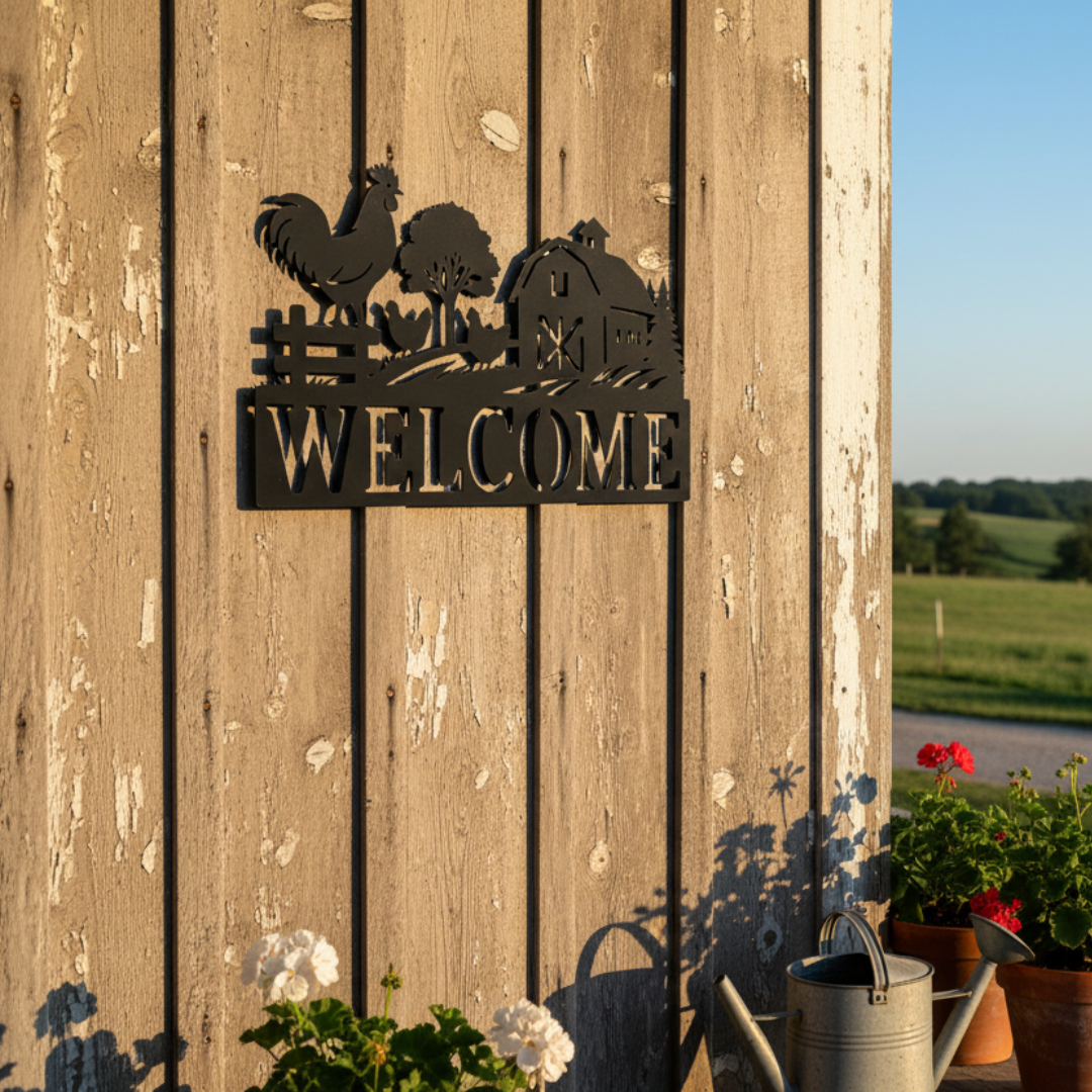 Rooster & Barn “Welcome” Laser-Cut Metal Sign – Rustic Farmhouse & Country Wall Décor (16" × 16")