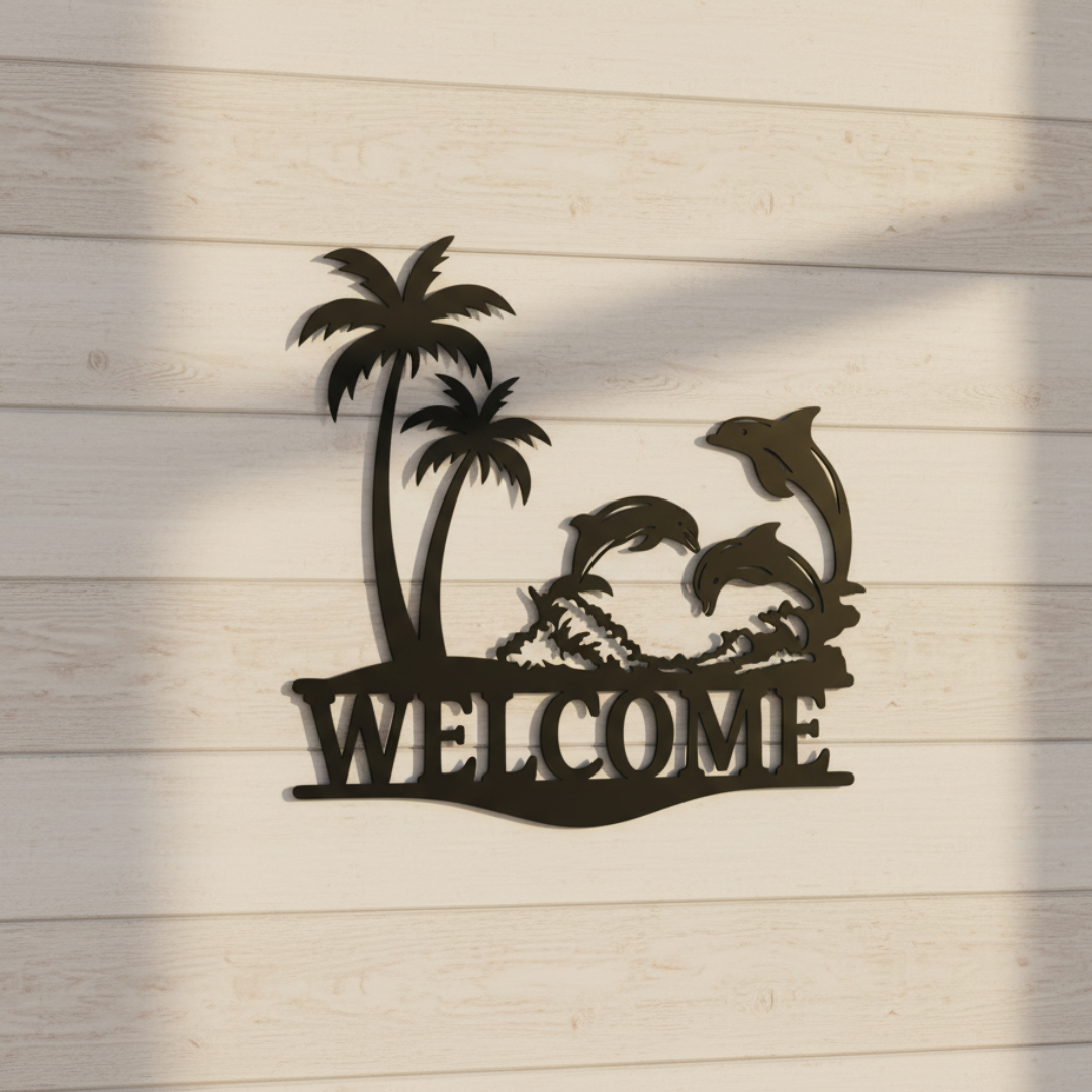 Dolphin “Welcome” Laser-Cut Metal Sign – Coastal Beach House Wall Décor (16" × 16")