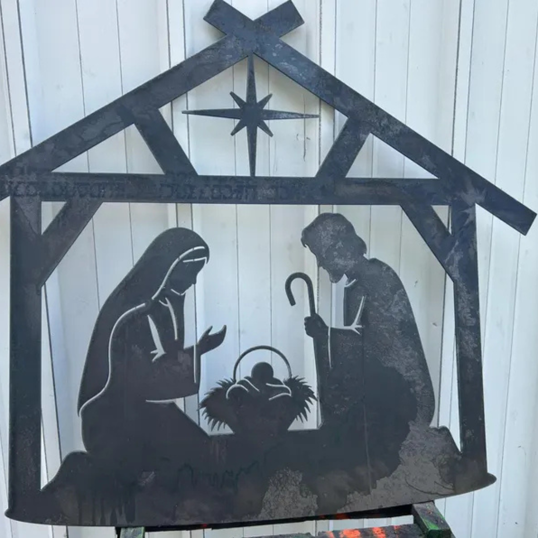 Nativity Scene “Away in a Manger” Laser-Cut Metal Sign – Christmas Nativity Wall Art (48" × 41")