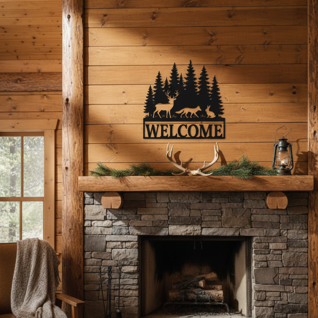 Forest Animals “Welcome” Laser-Cut Metal Sign – Cabin & Woodland Wall Décor (16" × 16")