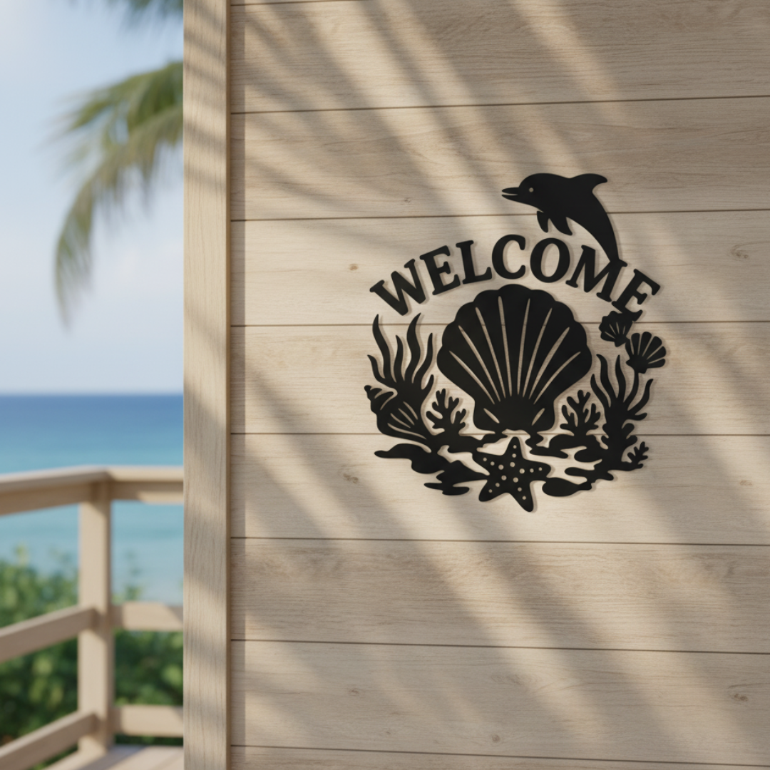 Seashell & Dolphin “Welcome” Laser-Cut Metal Sign – Coastal Beach House Wall Décor (16" × 16")
