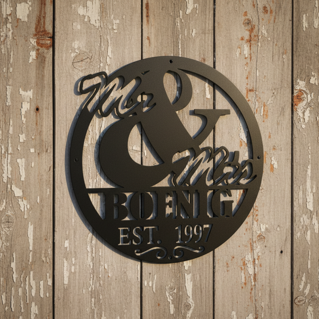 Laser-Cut Metal “Mr. & Mrs.” Monogram Sign – Personalized Family Name Wall Decor (16" × 16")