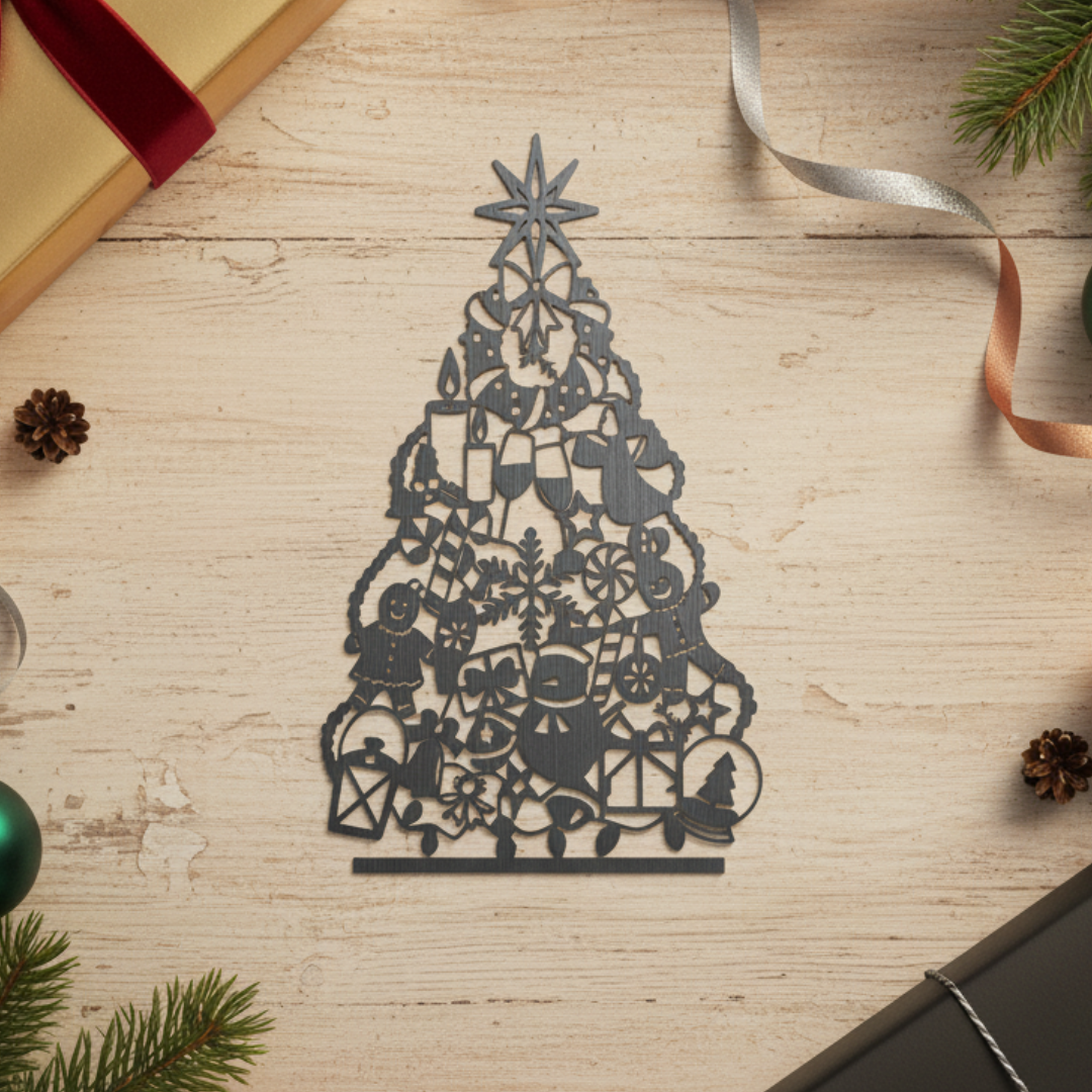 Laser-Cut Metal Christmas Tree – Festive Holiday Decor in Dark Grey Steel (20×12 cm)