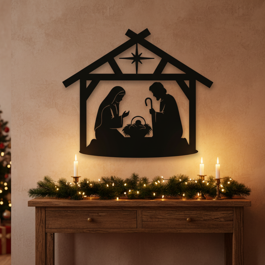 Nativity Scene “Away in a Manger” Laser-Cut Metal Sign – Christmas Nativity Wall Art (48" × 41")