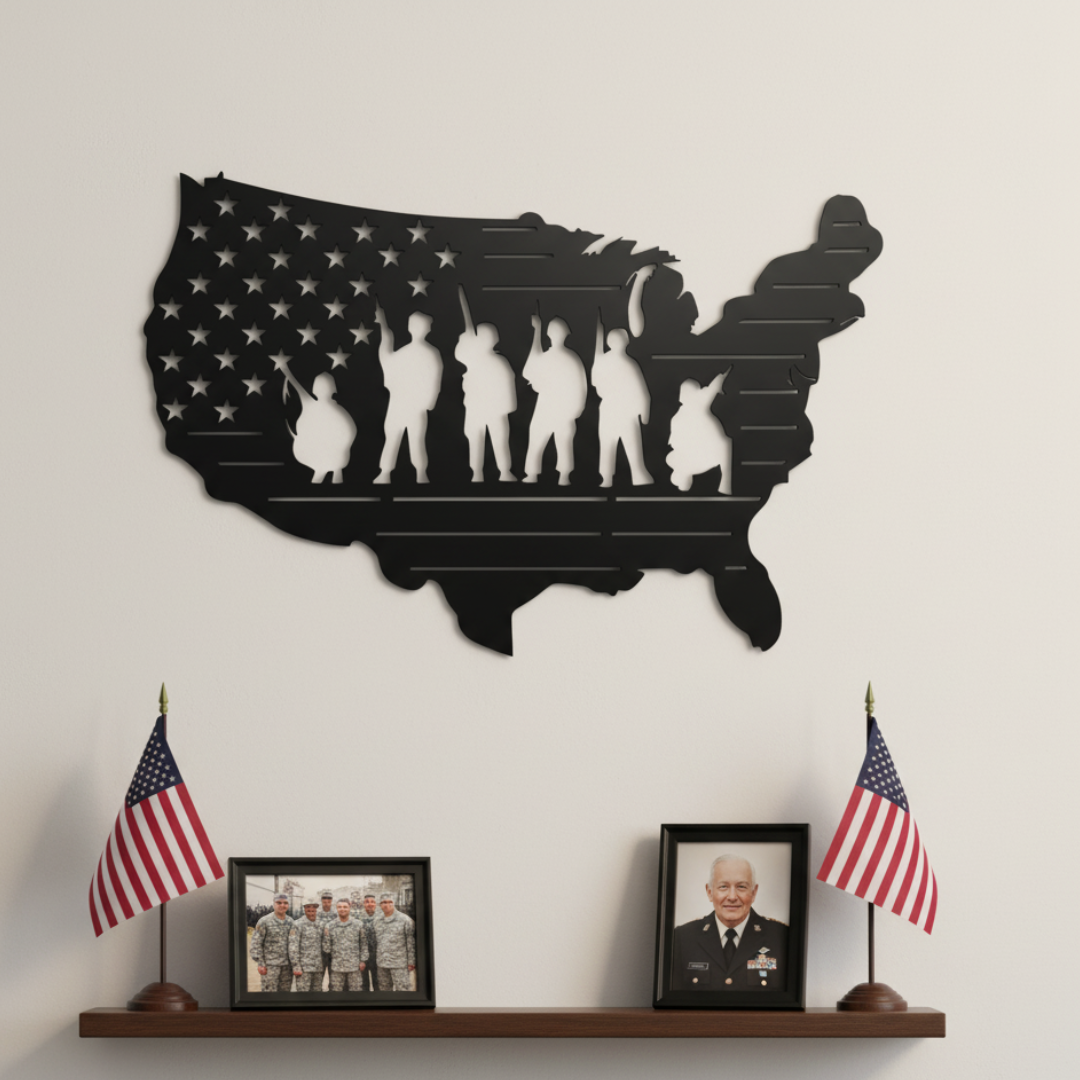 USA Military Soldier Laser-Cut Metal Wall Art – American Flag Map Design (20" × 12")
