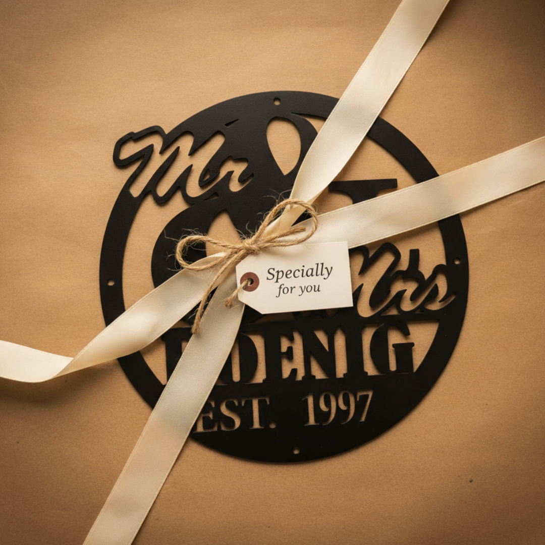 Laser-Cut Metal “Mr. & Mrs.” Monogram Sign – Personalized Family Name Wall Decor (16" × 16")