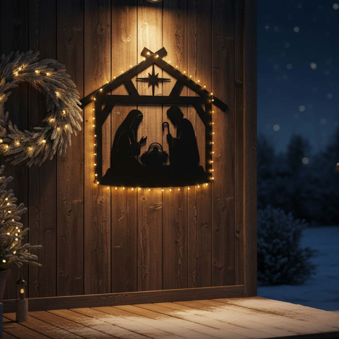 Nativity Scene “Away in a Manger” Laser-Cut Metal Sign – Christmas Nativity Wall Art (48" × 41")