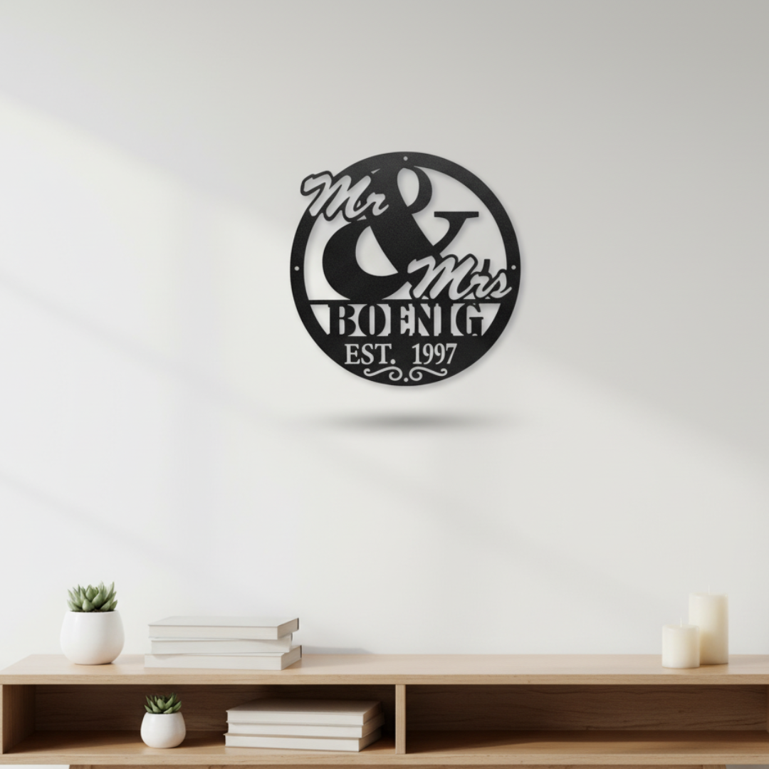 Laser-Cut Metal “Mr. & Mrs.” Monogram Sign – Personalized Family Name Wall Decor (16" × 16")