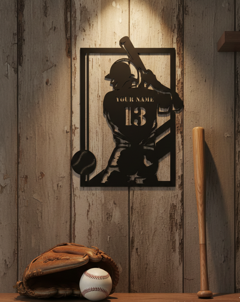 Custom Baseball Player Metal Wall Art – Personalized Home Run Decor