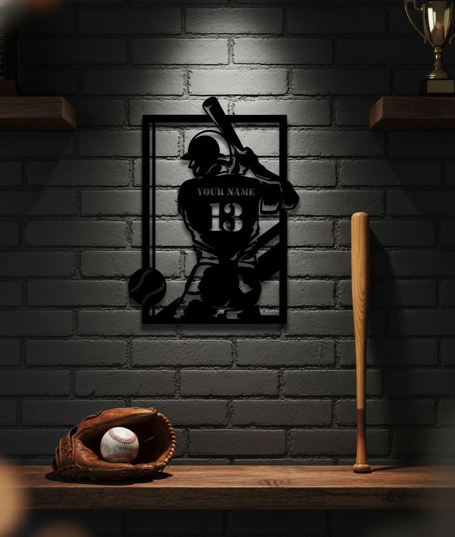 Custom Baseball Player Metal Wall Art – Personalized Home Run Decor